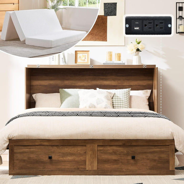 Barnwood Murphy Bed Cabinet Featuring Charging Station