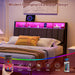 Queen Size Hidden Storage Headboard with LED Lights, Ergonomic Upholstered Queen Headboard Only with Charging Station, 2 Outlets & 2 USB Ports, Easy Assembly, Attach Frame, Dark Grey
