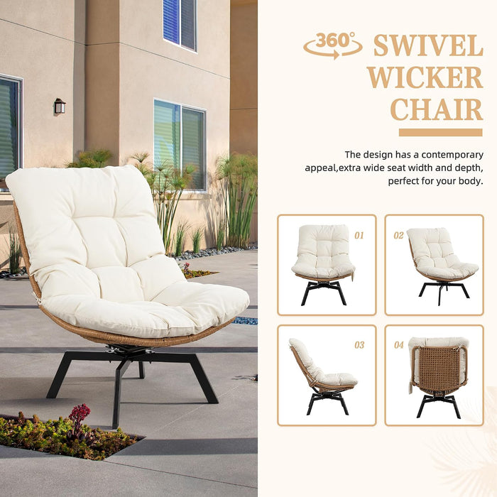Swivel Wicker Chair PE Rattan Chair with Cushion, Oversized Patio Lounge Chair for Outdoor, Indoor, Balcony, Backyard, Garden, Living Room, Beige