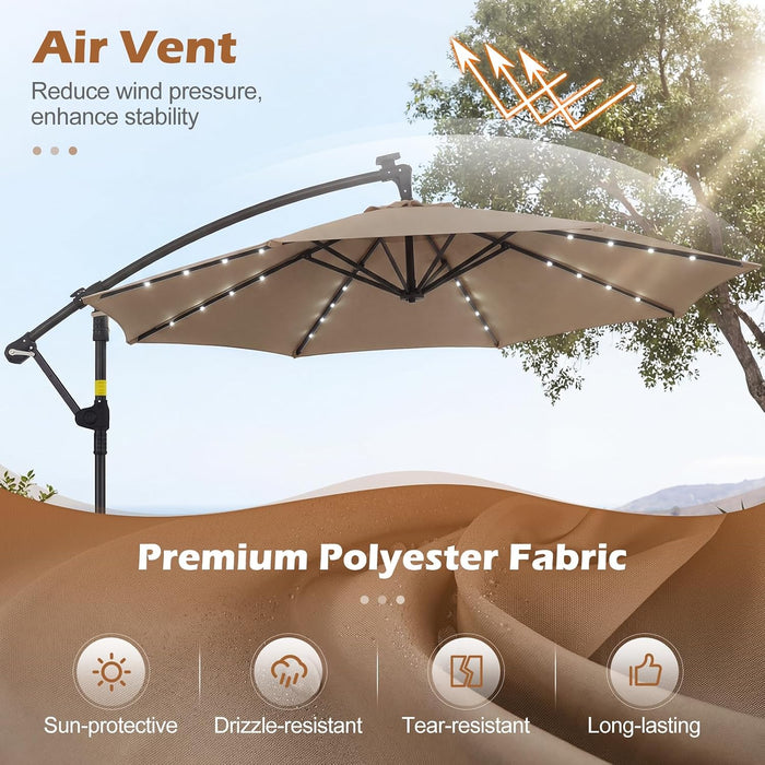 10Ft Solar Patio Umbrella with Base Included, Offset Cantilever Outdoor Umbrella with 32 LED Lights, 360 Degree Rotation, Crank Handle for Pool Deck Garden Backyard (Tan)