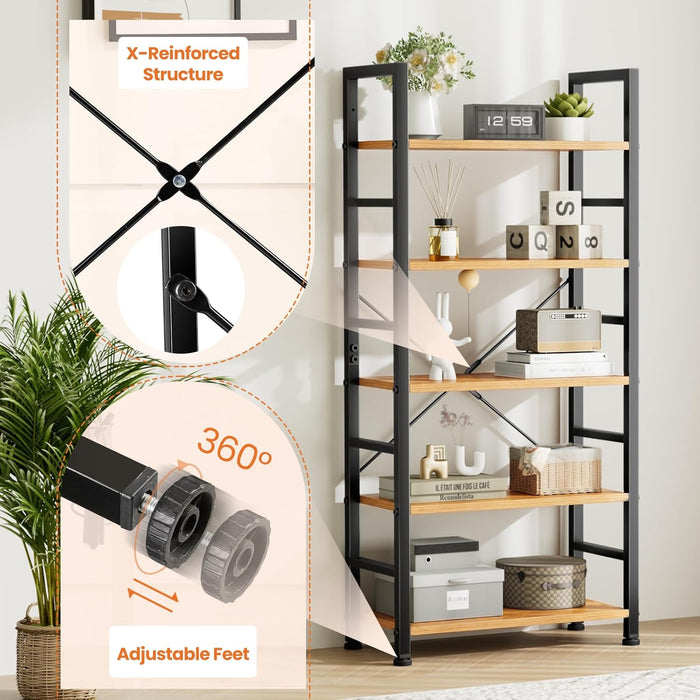 Industrial SolidWood Five Tier Bookcase Living Room