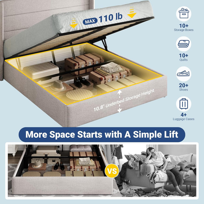 Full Size Lift up Storage Bed, Modern Wingback Headboard, Hydraulic Support, No Box Spring Needed, Light Beige