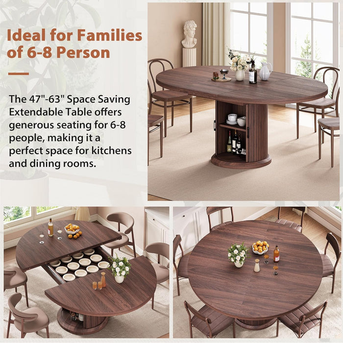 Dining Table for 4-6,63“Extendable round Kitchen Dining Room Table with 2-Tier Storage Shelf, Space Saving Expandable Wood Oval Circle Dinner Furniture with Pedestal Base (Brown)
