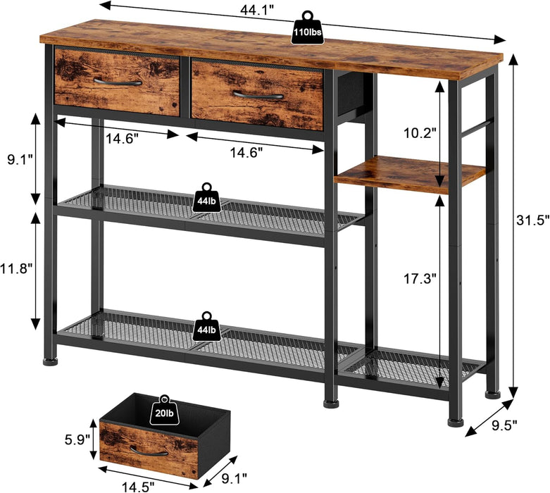 44'' Entryway Table, Industrial Console Sofa Table with Metal Mesh Storage Shelves, Shoe Rack Display Shelf for Front Door, Couch, Kitchen, Fabric Drawers, Rustic Brown
