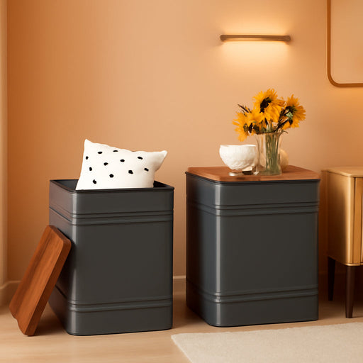 Ottoman with Storage Set of 2, Industrial Accent Side Table with Removable Wood Lid, Metal Frame and Hidden Space, Nesting Ottoman Stool for Living Room, Black