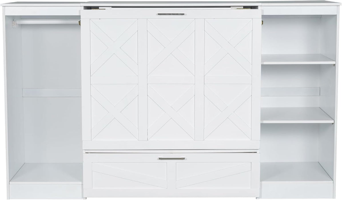 Twin Size Murphy Bed with Bedside Shelves and Wardrobe, White Wooden Bed Frame with Large Drawer