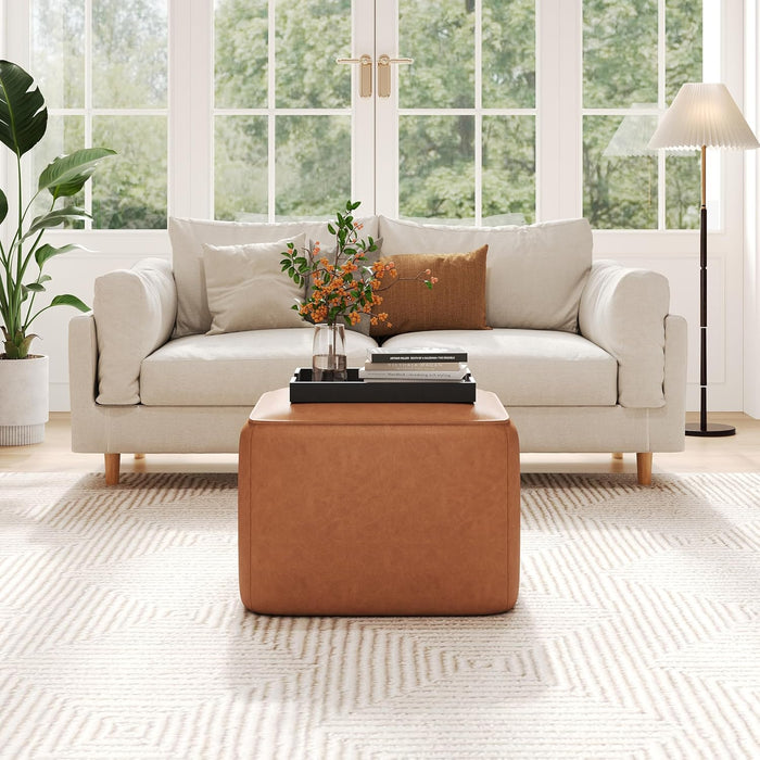 Ellis Faux Leather Pouf Ottoman Foot Rest, Square PU Pouffe Ottoman Footstool, Living Room Sofa Couch Extra Seat, Modern Coffee Table for Home Office Bedroom, Tan Brown