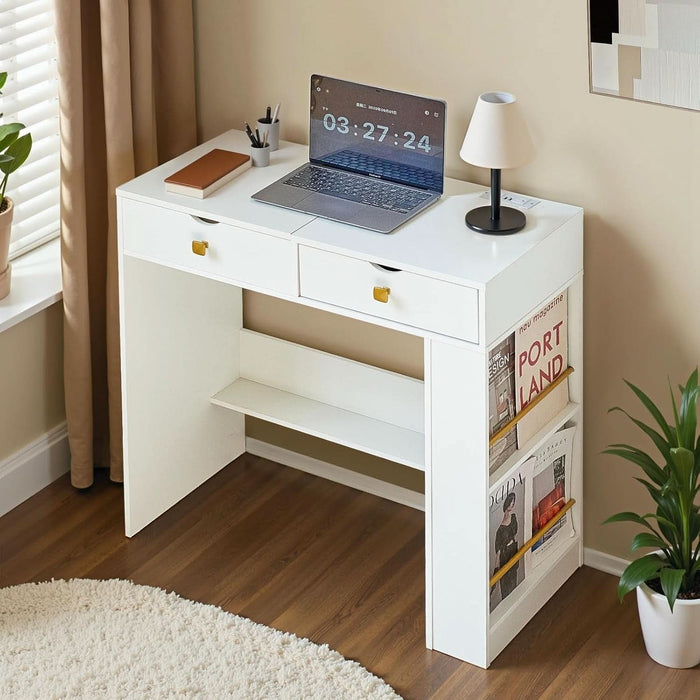 Vanity Desk with Flip Top Mirror, Makeup Vanity Table with 3 Color and Brightness Adjustable, Side Organizer Small Vanity with Storage Compartment, Writing Desk for Bedroom, White
