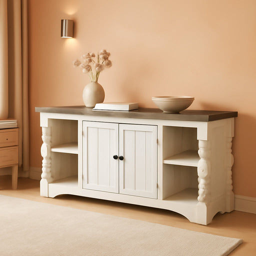 Havalance Farmhouse TV Stand Fits Tvs up to 65", 2 Door Cabinet and Shelves for Storage, Vintage White & Weathered Gray