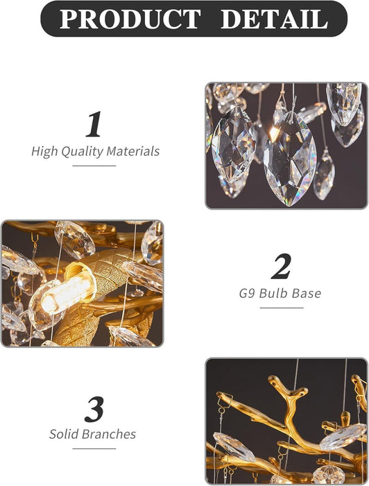 Modern Tree Branch Crystal Chandelier Luxury Gold Crystal Pendant Lighting 18" Contemporary 6-Light Chandeliers for Dining Room Kitchen Bedroom Living Room