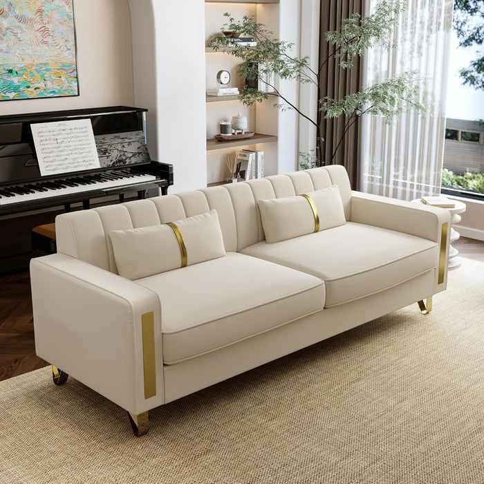 2-Piece Loveseat Couch Set for Living Room, 86" Beige Velvet Sofa Couch with 4 Pillows & Gold Metal Legs, Modern Upholstered Sofa Set Love Seat Sectional Couches for Apartment Home Office