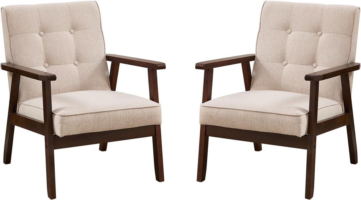 Fabric Mid-Century Modern Accent Chair Set of 2, Upholstered Armchair with Solid Wood Frame, Reading Chair for Living Room, Bedroom