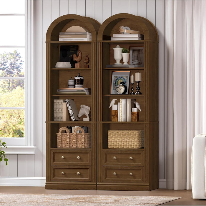 Tall Narrow Bookshelf, Arched Bookshelf with 2 Drawers, 7-Tier Farmhouse Arch Bookcase, Wooden Book Shelf with Open Display Shelves for Office, Living Room, Kitchen, Walnut