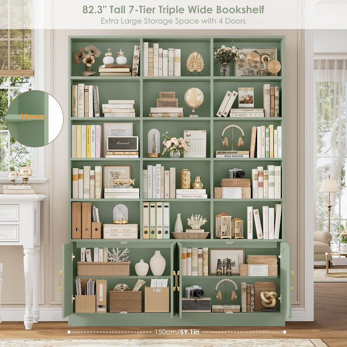 82.3" Triple Wide Bookshelf, Tall Bookcase with 4 Doors, Green