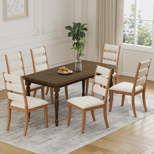 Dining Chairs Set of 6 Farmhouse Kitchen Chairs with Upholstered Cushion Back and Seat Ladder Back Side Chairs for Dining Room Living Room Restaurant(Brown Frame, Chenille Beige)