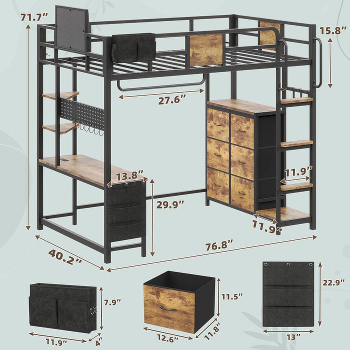Twin Loft Bed with Desk, Twin Bed Frame with 6 Storage Drawers, 2 Bedside Organizer,3 Movable Hooks,Led Lights & Charging Station,Bunk Bed with Desk, Clothes Rack,Safety Guardrail,Rustic Brown