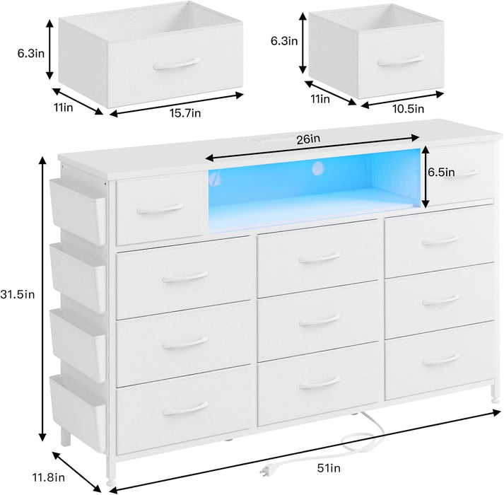 White Dresser for Bedroom with Power Outlets and LED Lights 11 Drawers Dresser with Side Pocket for Kids Bedroom, Fabric Chest of Drawers, for 60Inch TV Long Dresser Storage Organizer