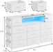 White Dresser for Bedroom with Power Outlets and LED Lights 11 Drawers Dresser with Side Pocket for Kids Bedroom, Fabric Chest of Drawers, for 60Inch TV Long Dresser Storage Organizer