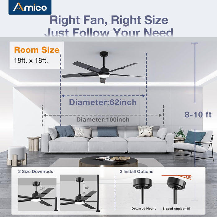 62 Inch Ceiling Fans with Lights and Remote, Black Indoor/Outdoor Ceiling Fan with 6 Speed, Reversible DC Motor, 3CCT, Dimmable, Noiseless Modern Ceiling Fan for Bedroom, Living Room, Patio