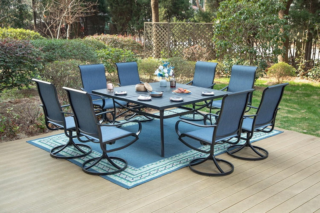 9 Pieces Patio Dining Sets,Outdoor Furniture Set Including 1X 60 Square Table and 6 Padded Sling Swivel Chairs Metal Dining Set for Backyard,Blue