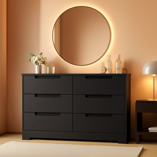 6 Drawer Dresser for Bedroom, Black Modern 6 Chest of Drawers with Embedded Handles Design, Wooden Dresser Organizer for Living Room, Nursery, Hallway