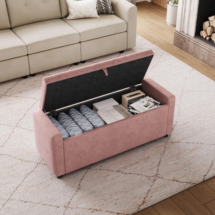 50 Inches Wide Storage Ottoman Bench, Upholstered Foot Rest Stool, Long Bench Footstool, Couch Ottoman, Ottomans for Living Room, Entryway, End of Bed Storage Bench for Bedroom (Pink)