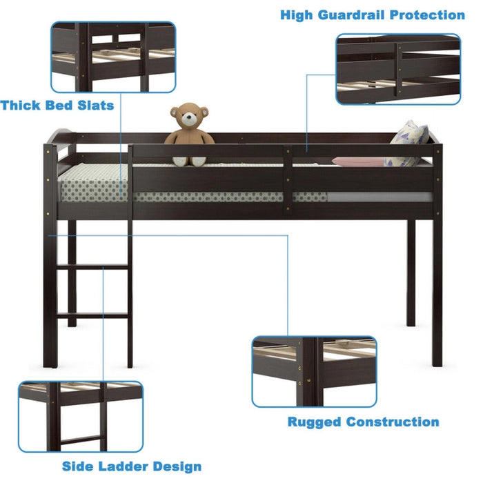 Wooden Twin Low Loft Bunk Bed with Guard Rail and Ladder