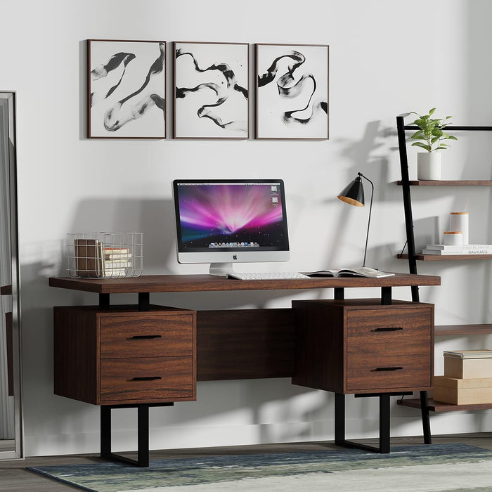 60'' Mariposa Home Office Computer Desk - Walnut Top, Walnut Base, Black Metal, Black Hardware