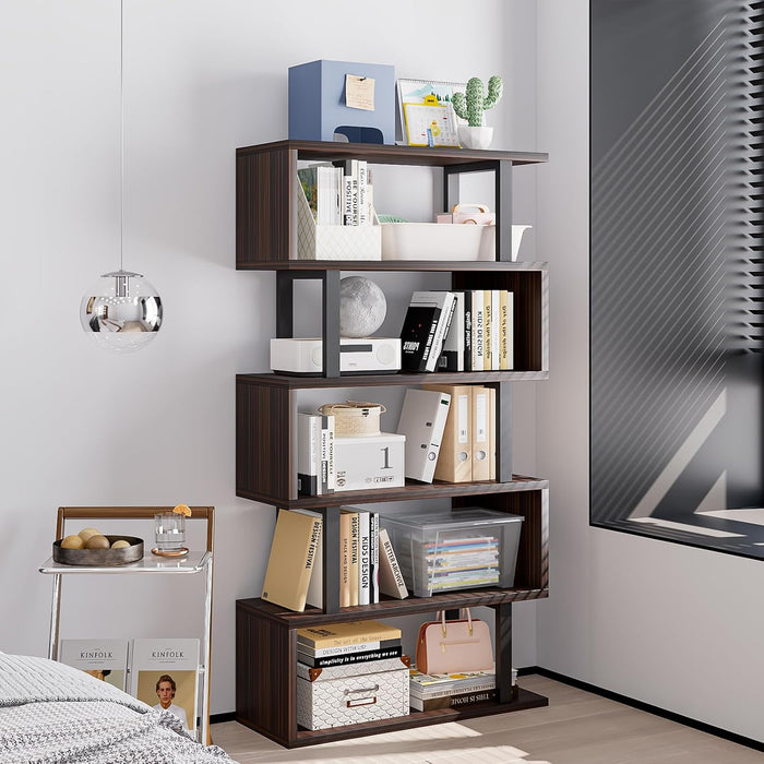 5-Tier Bookshelf Geometric Bookcase S Shaped Modern Book Shelf | Wood Decorative Storage Display Stand Shelves for Living Room, Home Office, Bedroom, Dinning Room