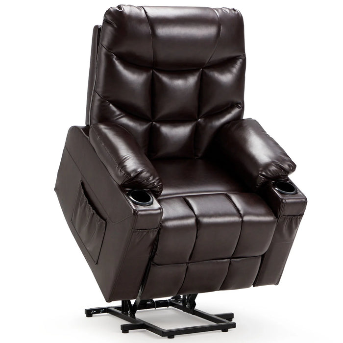 Large Power Lift Recliner for Elderly Heavy Duty Faux Leather Electric Lift Chair with Heated Vibration Massage in Brown