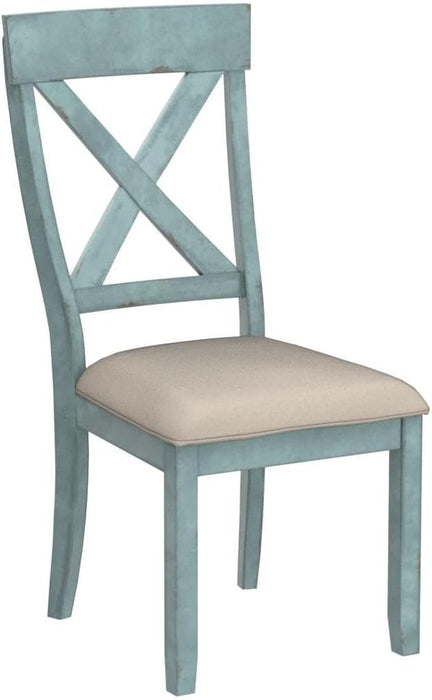 Prato Two-Tone Wood Cross Back Upholstered Dining Chairs, Set of 2, Blue and Tan