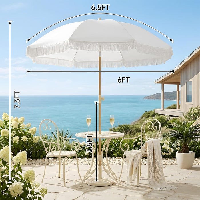 6.5FT Boho Patio Umberlla with Fringe,Upf50+ Outdoor Umbrella with Fiberglass Ribs and Push Button Tilt,Tassels Umbrella for Beach,Terrace,Picnic