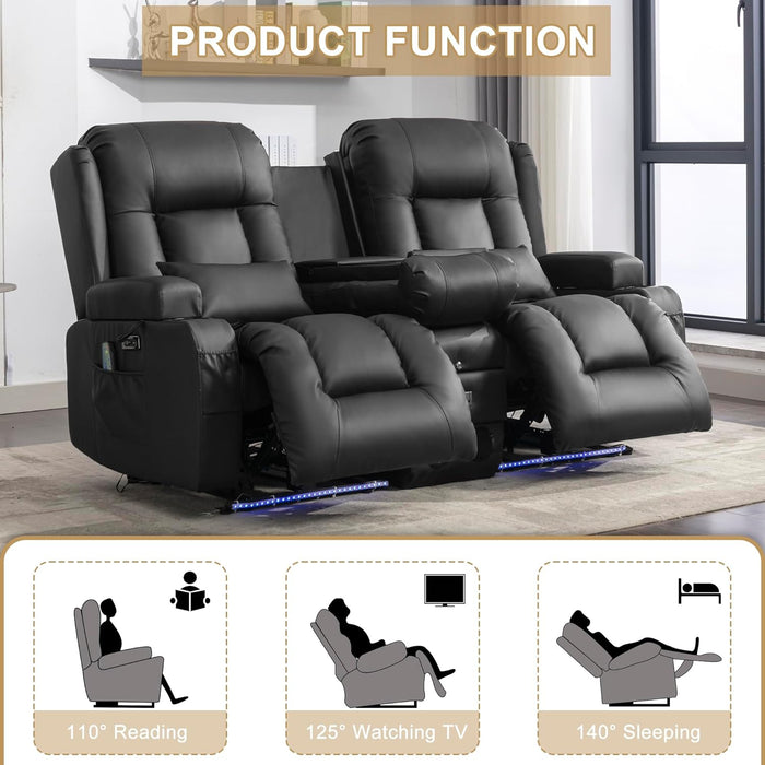 Loveseat Recliner Sofa with Massage and Heat, Power Reclining Loveseat Sofa RV Couch with Console, Home Theater Seating with LED Lights, Bluetooth Speakers, USB, Outlets, Faux Leather, Black