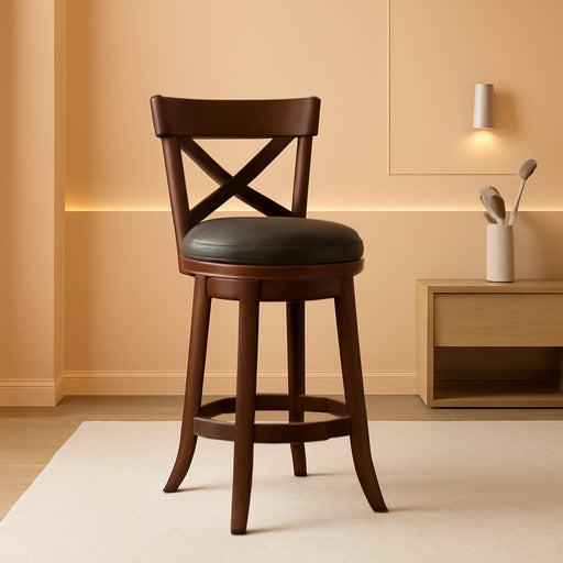 26 Inch Swivel Bar Stools Set of 3, Counter Height Bar Stools | Wooden Bar Stools, Faux Leather Kitchen Stools, Counter Height Chairs with Solid Wood Legs & Wrap-Around Footrest