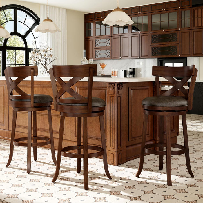 26 Inch Swivel Bar Stools Set of 3, Counter Height Bar Stools | Wooden Bar Stools, Faux Leather Kitchen Stools, Counter Height Chairs with Solid Wood Legs & Wrap-Around Footrest