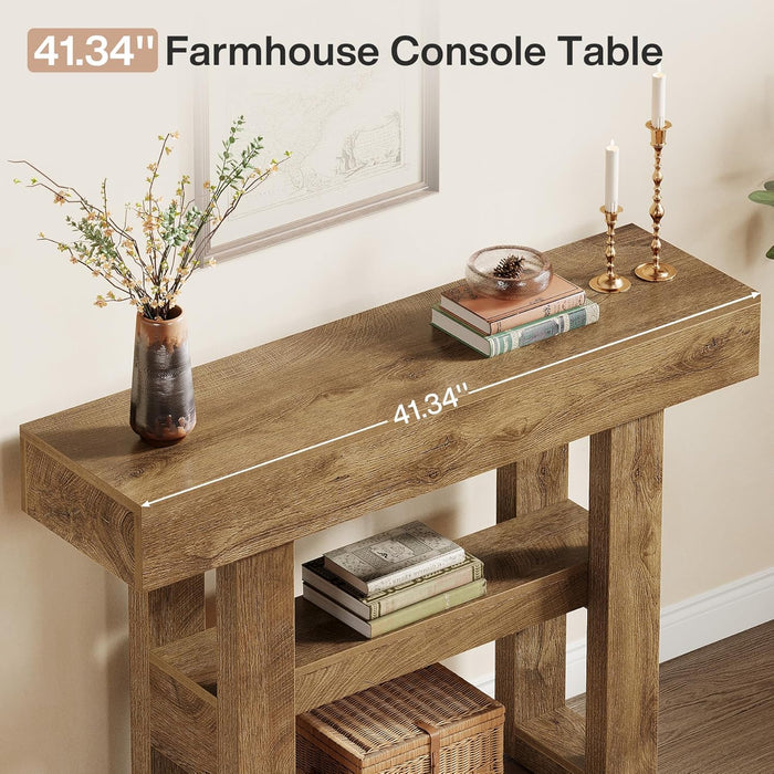 41.34-Inch Farmhouse Console Table, 2-Tier Narrow Sofa Table behind the Couch, Entryway Furniture with Storage Shelves for Hallway Foyer Living Room, Light Brown