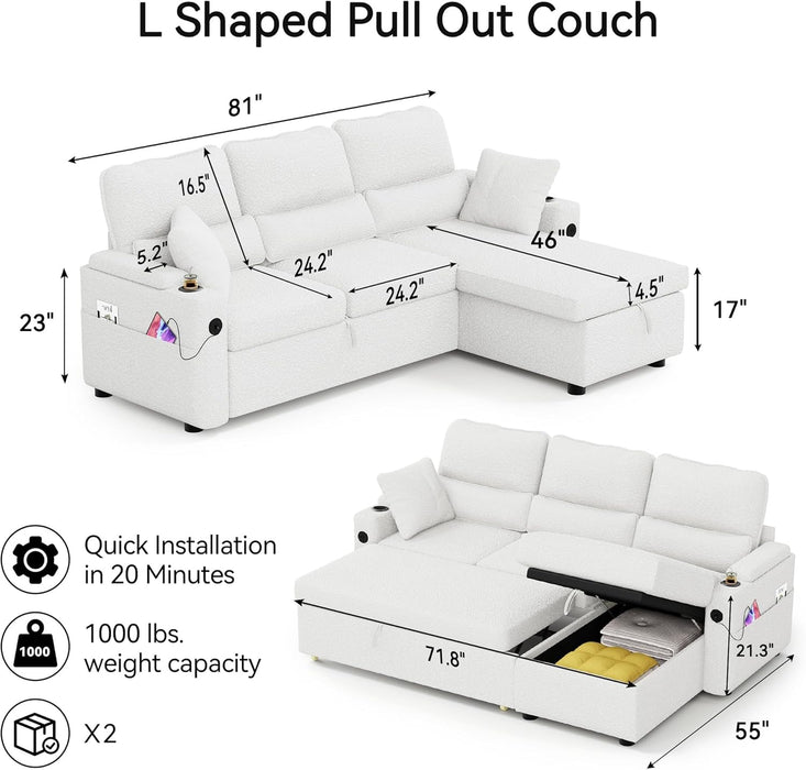 Pull Out ConvertibleSofaBed With Hidden Storage TeddyWhite