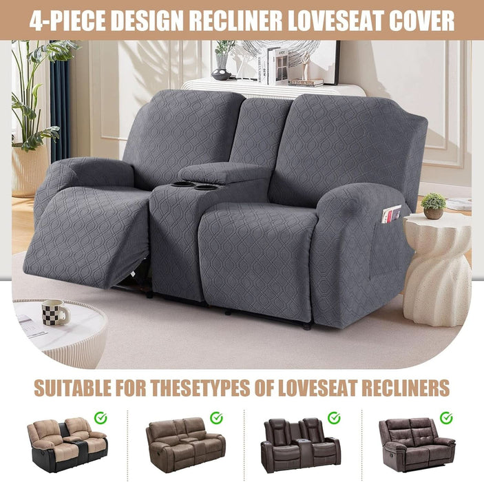 Recliner Loveseat Cover with Middle Console Stretch Reclining Sofa Slipcover for 2 Seat Jacquard Reclining Couch Sofa Covers Furniture Protector with Elastic Straps Bottom (Dark Gray)