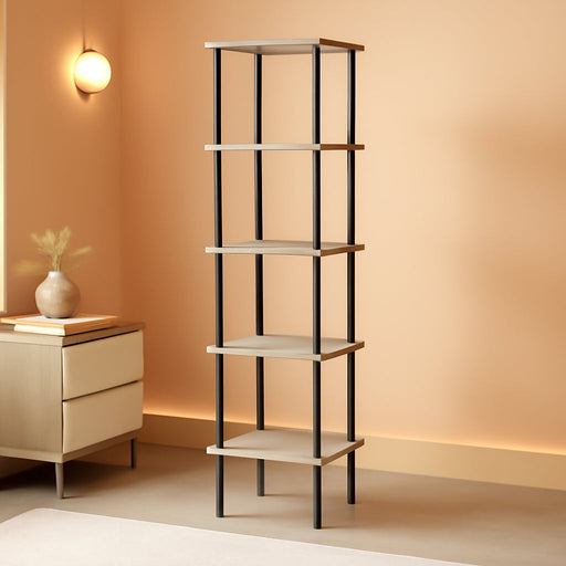5-Tier Corner Shelf Stand, Corner Square Rack Display Shelf, Tall Storage Rack Plant Stand, Corner Bookcase for Small Spaces, Living Room, Home Office, Kitchen, Greige and Black BG50CJ01