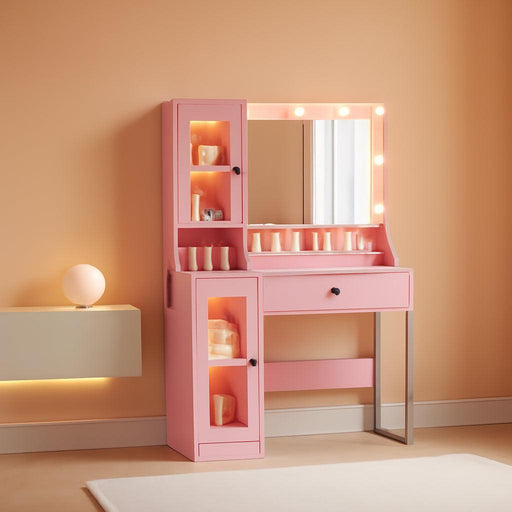 Makeup Vanity Desk with Mirror and Lights, Vanity Table with Charging Station, 2 Open Compartments, 2 Acrylic-Door Cabinets, and RGB Lights Wood Dressing Table for Bedroom