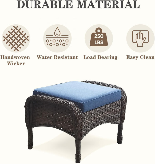 Small Conversation Sets Patio Funiture - 5 Piece Outdoor Swivel Rocker Wicker Furniture Sets with Ottomans Side Table Perfect for Patio Deck Backyard, Brown Wicker Blue Cushion