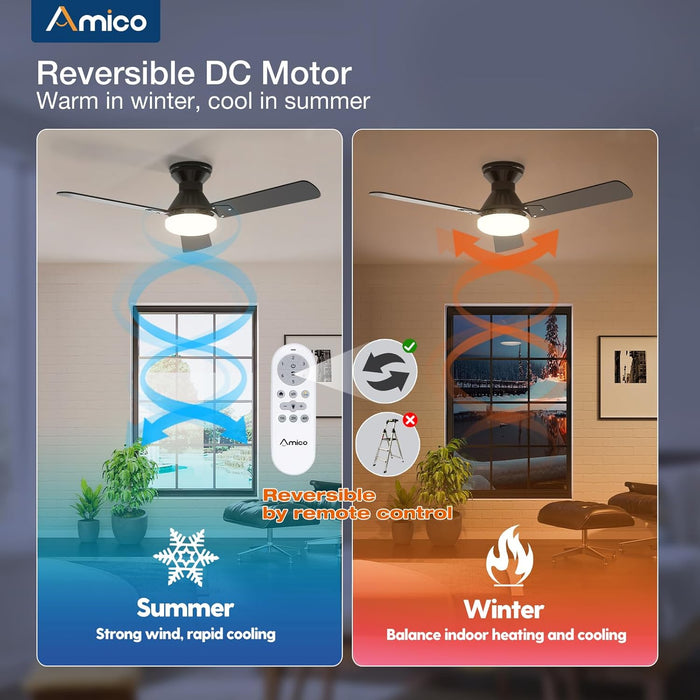 2 Pack Ceiling Fans with Lights, 42 Inch Low Profile Ceiling Fan with Light and Remote Control, Flush Mount, Reversible, 3CCT, Dimmable, Noiseless, Black Ceiling Fan for Bedroom, Indoor/Outdoor