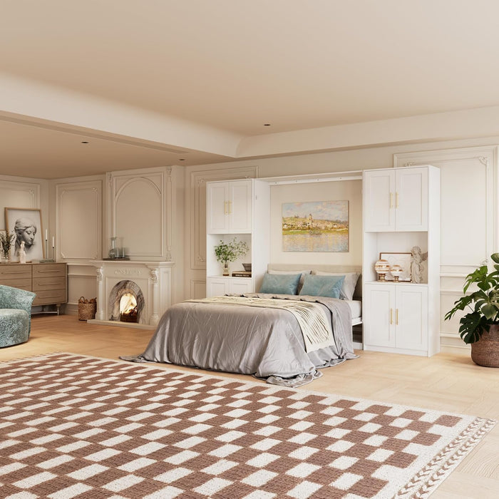 Farmhouse Murphy Bed Queen, 85" Wall Bed Folds to save Space, Concealed Bed Frame with 2 Storage Cabinets and Wall Mounted Features for Apartment/Office/Guest Room