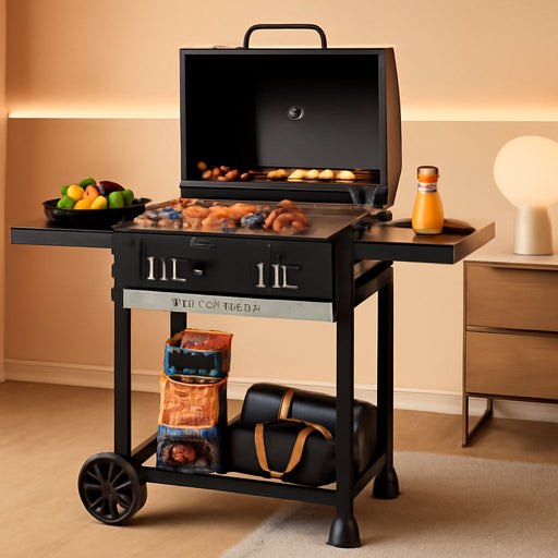 24-Inch Movable Charcoal BBQ Grill with Foldable Side Shelves, Temperature-Controlled, 461 Sq., Ideal for Backyard Party, Outdoor Picnic, Patio Cooking, Garden Grilling, Black