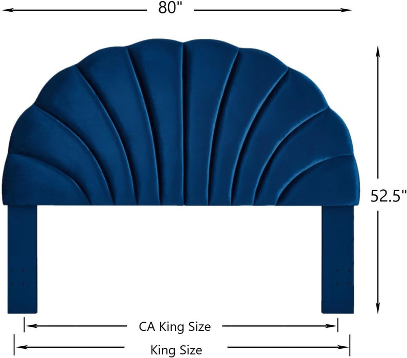 Stunning Crown Design King Headboard, Upholstered Soft Velvet Petal Pattern Headboard King/Ca King-6039-K-Navy
