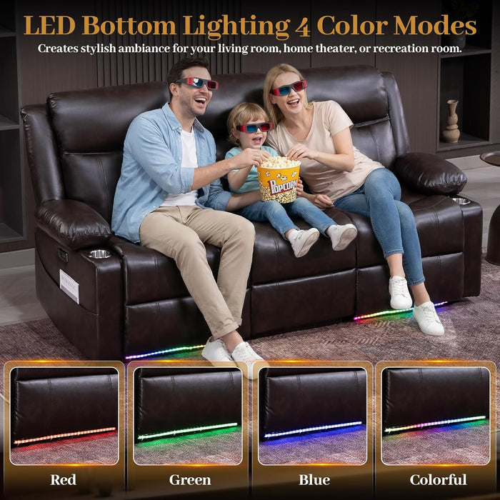Power Reclining Sofa with Colorful LED Lights, Wall Hugger Reclining Sofa, Space-Saving RV Sofa with USB Charging & Side Pocket for Living Room, Apartment (Brown, Sofa) | Wall Hugger, LED Lights, RV Sofa