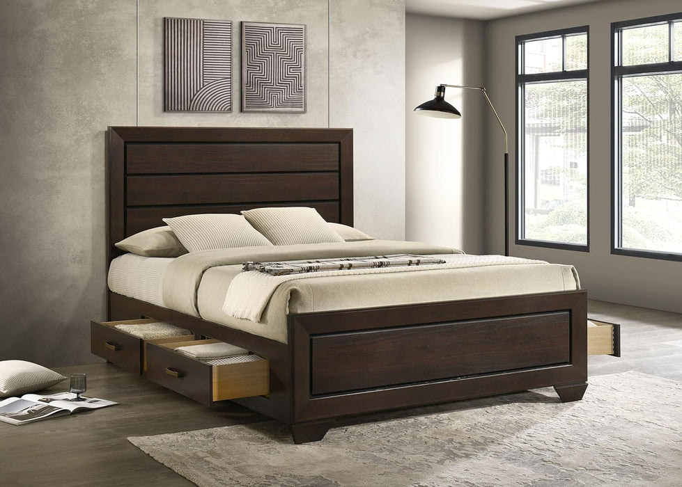 Home Furnishings - Kauffman - Wood - Queen Platform Bed with Horizontal Planked Headboard, 4 Drawers, and Side Storage - Bedroom - Dark Cocoa - 204390Q