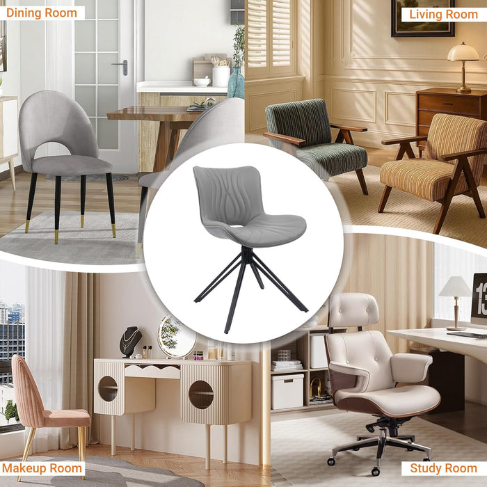 Dining Chairs Set of 2, 360° Swivel Upholstered Mid-Century Modern Kitchen Dining Room Chairs, Armless Faux Leather Accent Side Chair with Padded Back, Metal Legs for Living Room Bedrooms,Grey