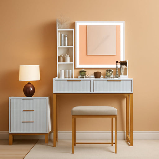 Makeup Vanity Desk with Mirror and Lights, Vanity Table with 5 Drawers, Vanity Set with Stool and Removable Side Storage Cabinet for Bedroom, White & Gold