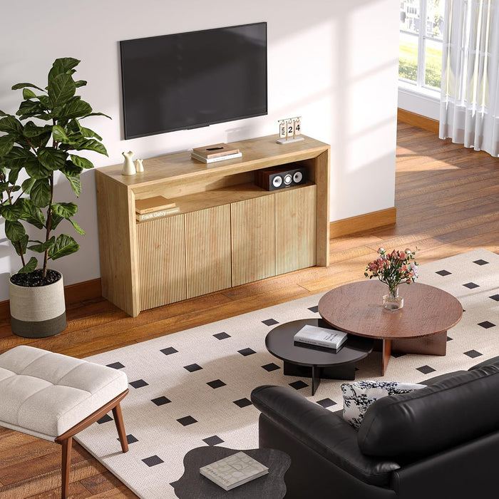 TV Stand for Tvs up to 85 Inch, Wood Entertainment Center with Open & Adjustable Storage, Mid Century Modern TV Media Console with LED Lights for Living Room, Bedroom, Oak